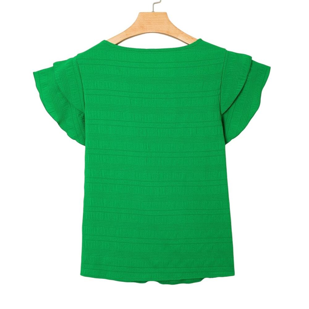 Green Textured Ruffled Short Sleeve Round Neck Top New S,  L, XL - Picture 4 of 8